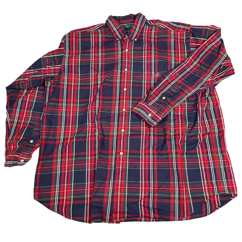 Vintage Ralph Lauren Golf Tilden Plaid Button Down Shirt XXL Red Navy Cotton‎